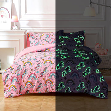 Glow in The Dark Kids Comforter Set, 3 Pieces Pink Unicorn Bedding Set Twin for Boys Girls Teen, 1 Comforter, 1