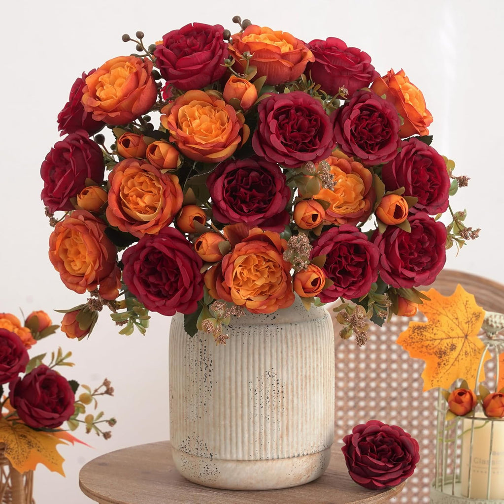 4-Bunch Burgundy and Orange Artificial Peony Bouquet for Fall Decor - Set of 4