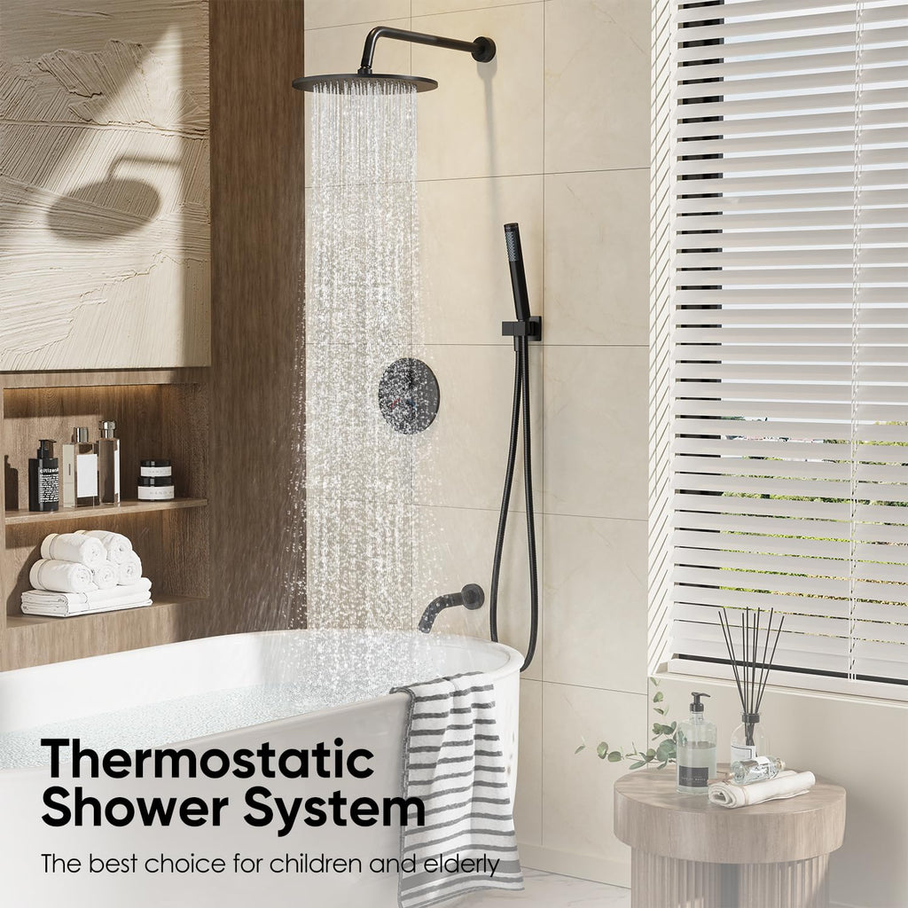 10" Thermostatic Shower Faucets Set with Tub Spout, Matte Black