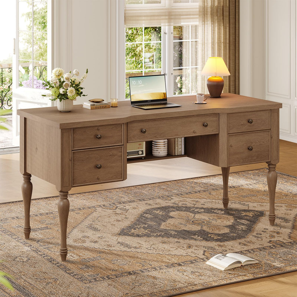 59in Wood Executive Desk with Solid Wood Legs & Keyboard Tray, Brown