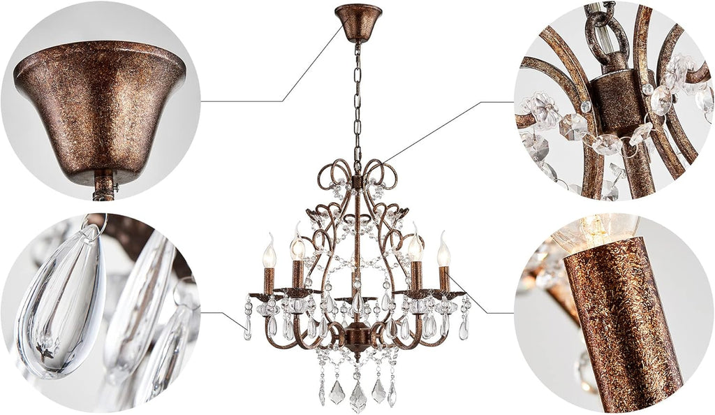 5-Lights Crystal Chandelier in Farmhouse Style, K9 Crystal Pendant Light for Bedroom, Dining Room, Living Room, H24 x D23, Chain Adjustable A109-B07DPJW4RV