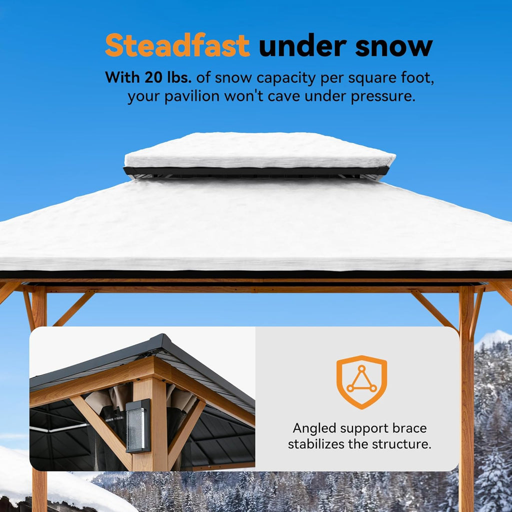 Modern Shade Hardtop Gazebo 10x12 with 4 LED Lights Wood Grain | Permanent Hard Top Gazebo with Galvanized Steel Double