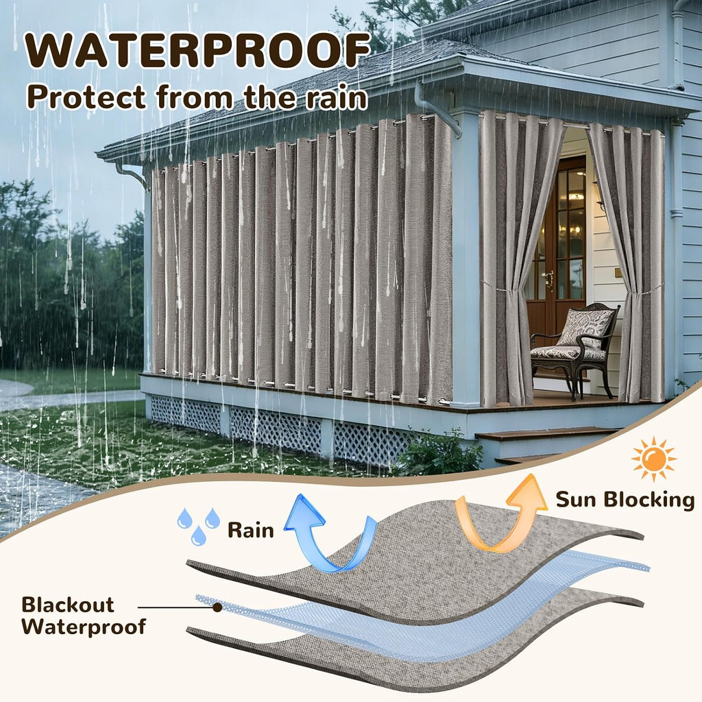 Linen Outdoor Curtains Waterproof with Zipper Blackout Curtains 2 Panels Top & Bottom Grommet Patio Outdoor Privacy