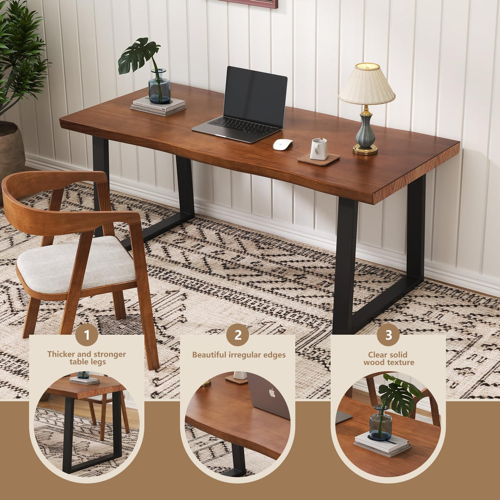 47" Solid Wood Live Edge Computer Desk - Rustic Vintage Industrial Brown Work Desk, Modern Minimalist Home Office