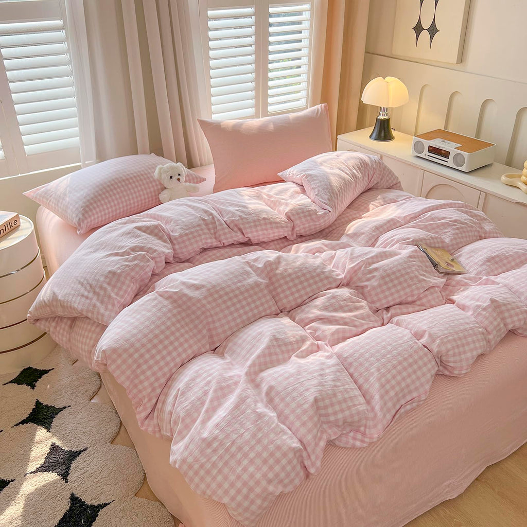Pink Gingham Duvet Cover Set Cotton (90"x90"), Pink White Plaid