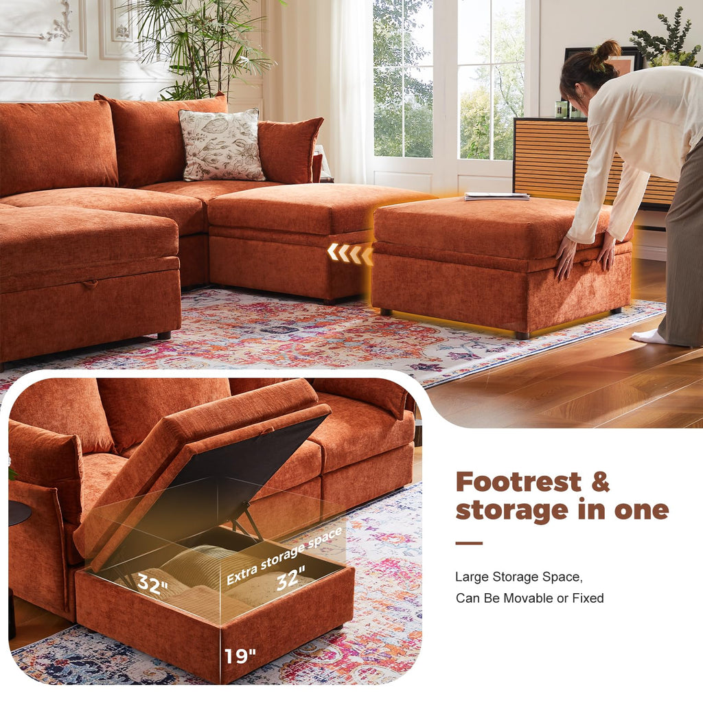 Oversized Modular Sectional Sofa Terracotta Orange, L-Shaped Convertible Couch with Movable Ottoman, Large 6-Seater