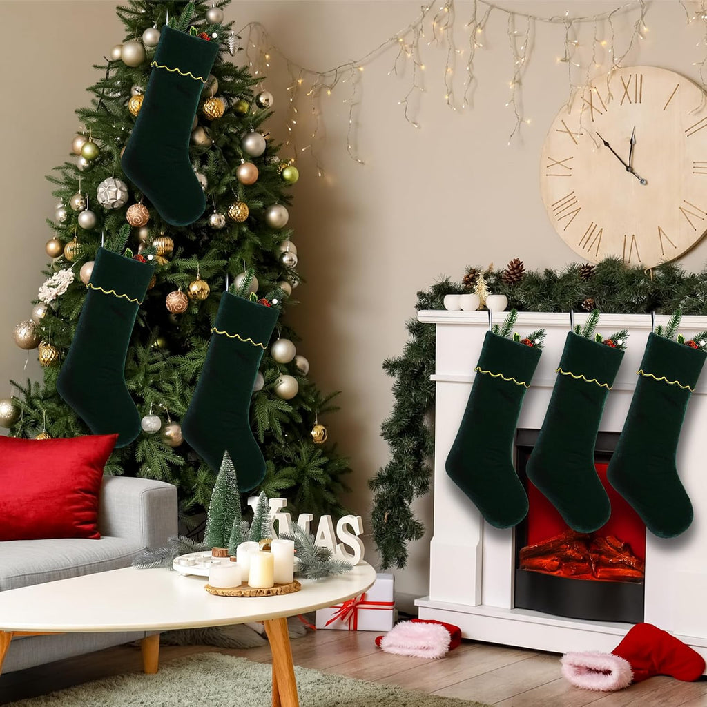 Velvet Christmas Stockings 20 Inch Large Green Xmas Stockings with Scalloped Gold Edge Hanging Soft Velvet - Set of 4