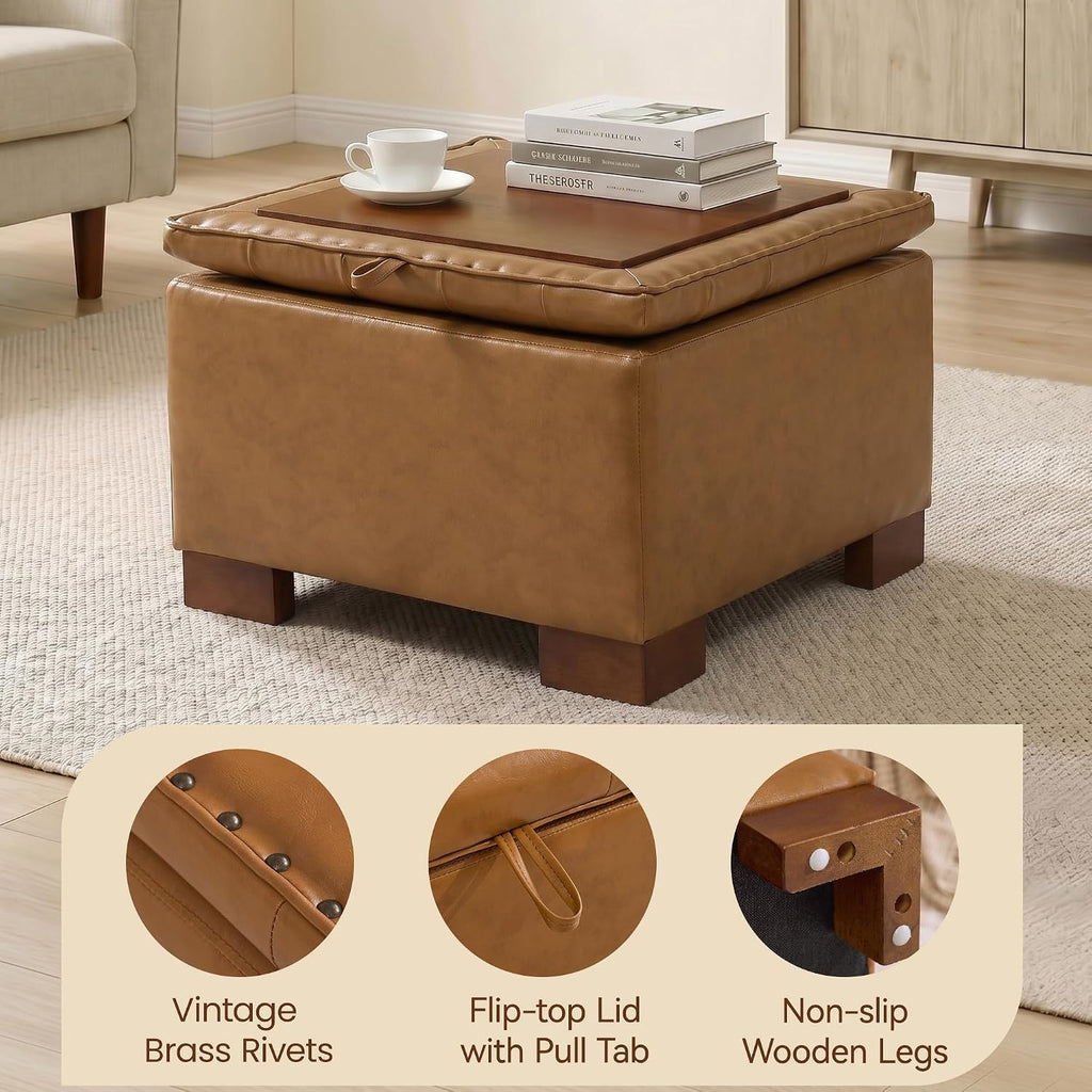 24 Inch Square Storage Ottoman Coffee Table, Modern Tufted Upholstered Ottoman with Flip Tray and Solid Wood Legs