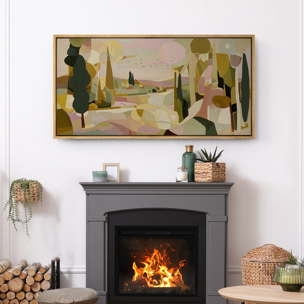 Extra Large Framed Canvas Print Wall Art Abstract Tuscan Landscape Soft Pastel Tone Geometric Scenery Illustrations
