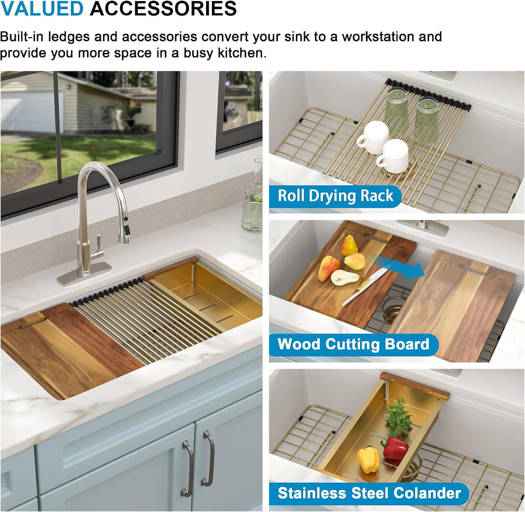 33"x19" Granite Composite Kitchen Sink - Undermount White Granite Quartz Composite Classic Ledge Workstation Under