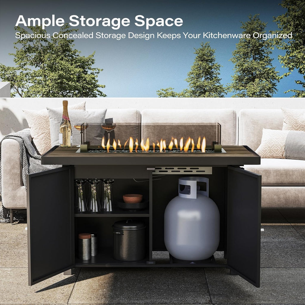 Propane Fire Pit Table 43 Inch with Lid, 55,000 BTU Gas Fire Pits for Outside Patio with Glass Wind Guard