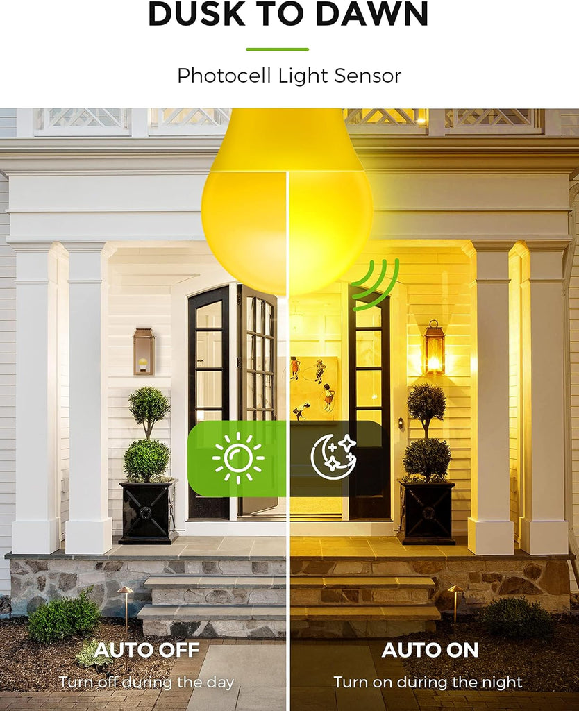 Yellow Bug Light Bulbs Outdoor, A19 Dusk to Dawn LED Bug Light Bulbs, 2000K Amber Glow, Photocell Sensor LED, Auto