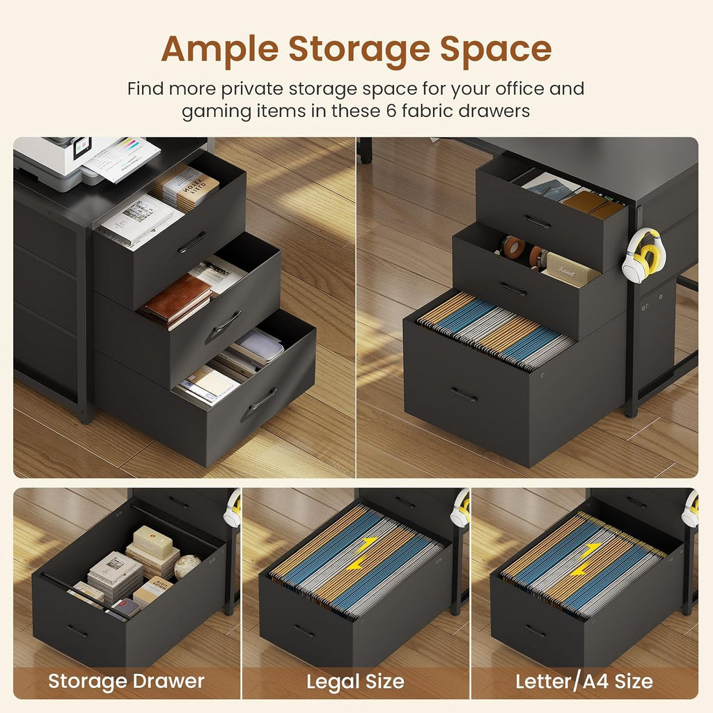 Reversible L Shaped Gaming Desk with 6 Drawers, Hutch, Led Lights | Computer Corner Desk with File Drawer, Storage