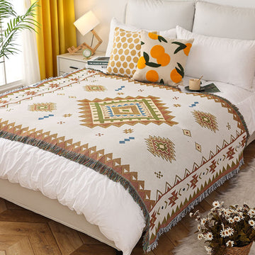 Throw Blanket Double-Sided Available Cotton Woven Blanket With Tassel Boho Ethnic Style Geometric Pattern Decorative