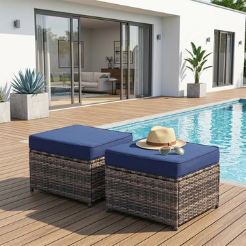 2 Piece Patio Sofa Ottomans with 4.3" Thick Cushions, Wicker Outdoor Couch Extension Set, All-Weather Rattan Seating
