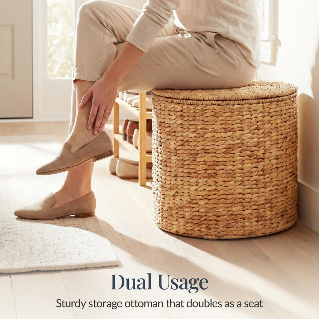 Large Round Storage Ottoman W/Lid, Handwoven Water Hyacinth Footstool, Accent Stool, Side Table, Storage Container