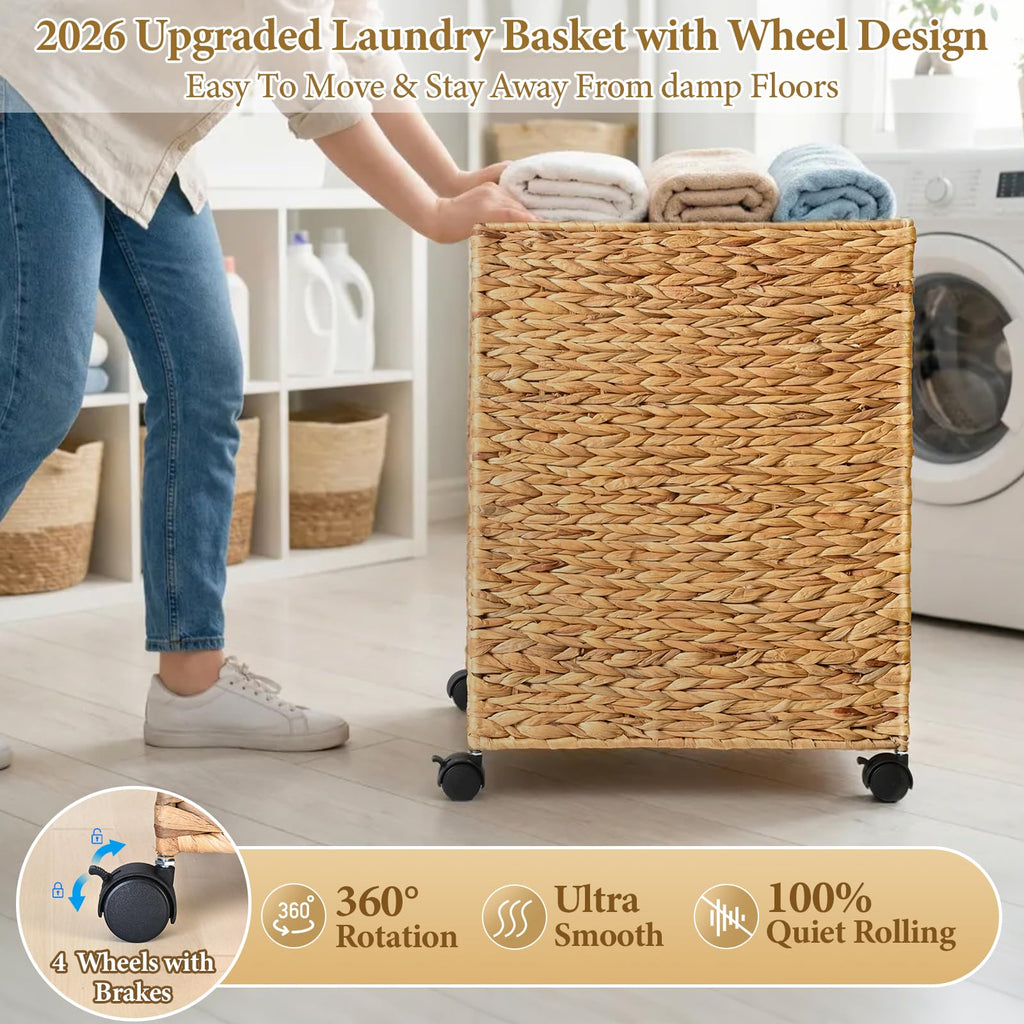 Wicker Laundry Hamper with Lid & Wheel, Rattan Laundry Basket, 90L