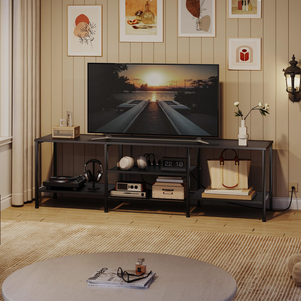 TV Stand with Power Outlets to 75 Inches, TV Console Table with Open Storage Shelves Cabinet, Industrial Media