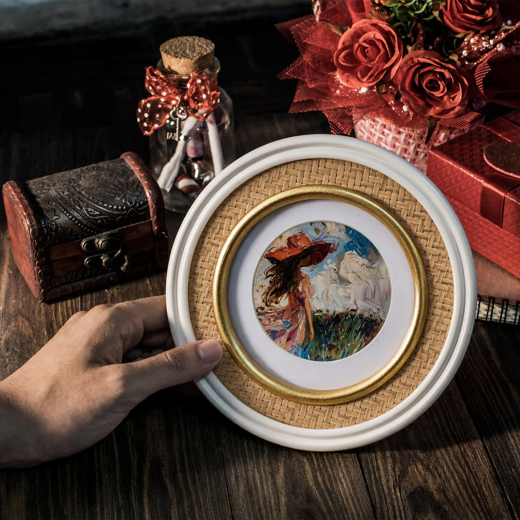6x6 Round Rattan Picture Frame, Solid Wood with Real Glass, Display 6x6 Photos Matted to 4x4, Vertical for Tabletop