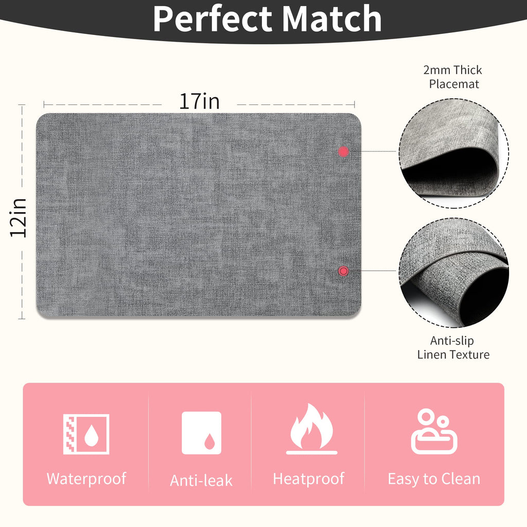 Faux Leather Placemats Set of 6, Easy to Clean, Grey