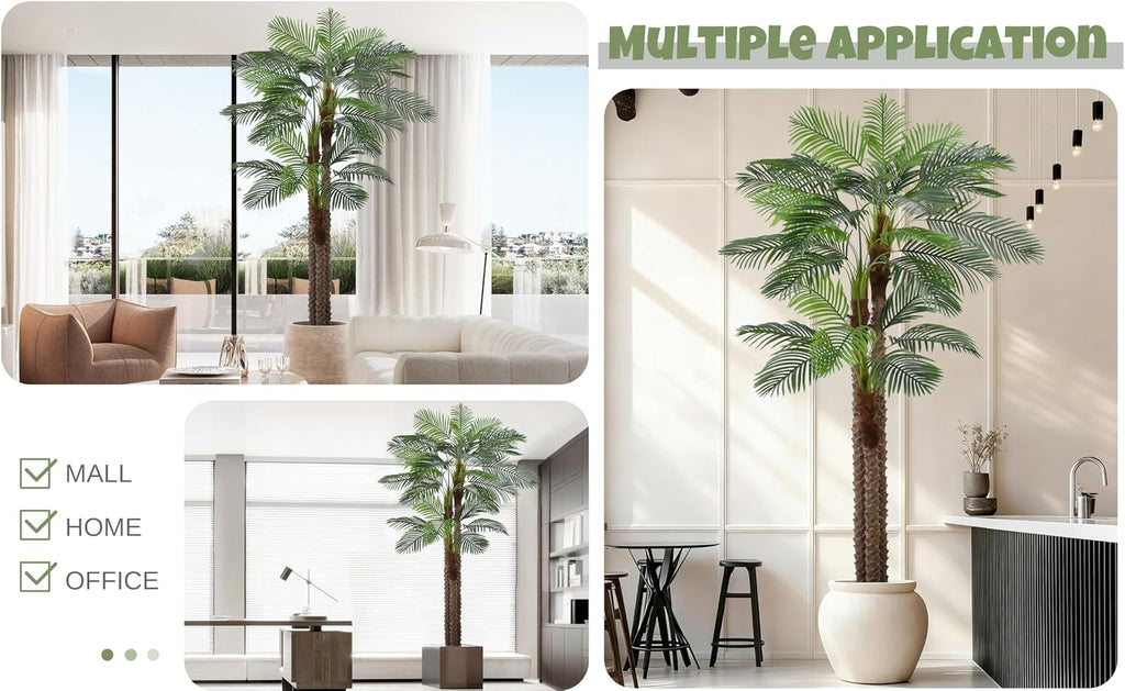 Artificial Triple Phoenix Palm Tree 9FT with 31 Leaves & Real Bark Tropical Coconut Areca Sago Palm Tall Large Faux