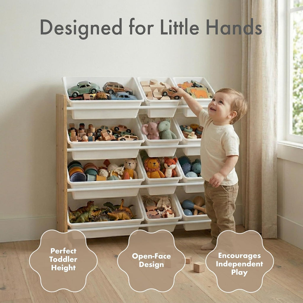 Kids Toy Organizer with 12 Bins, 4 Tier Storage | Sturdy wood and steel toddler shelf, removable BPA-free containers