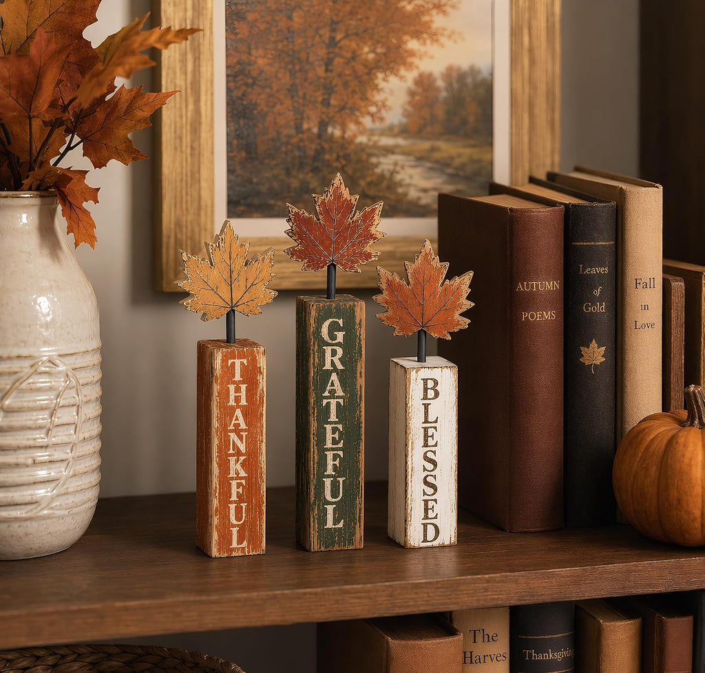 Fall Decorations Fall Table Decorations Blessed Grateful Thankful Wooden Block Sign, Thanksgiving Decorations - Set of 3