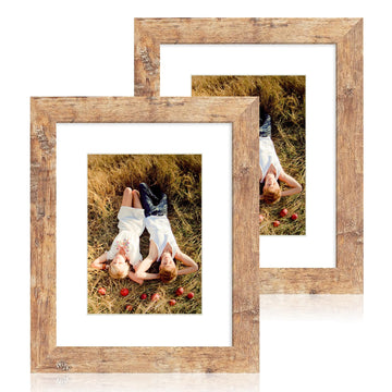 8x10 Picture Frame Set of 2, High Definition Real Glass Rustic Brown Wood Frame, Display Pictures 5x7 with Mat or 8 x