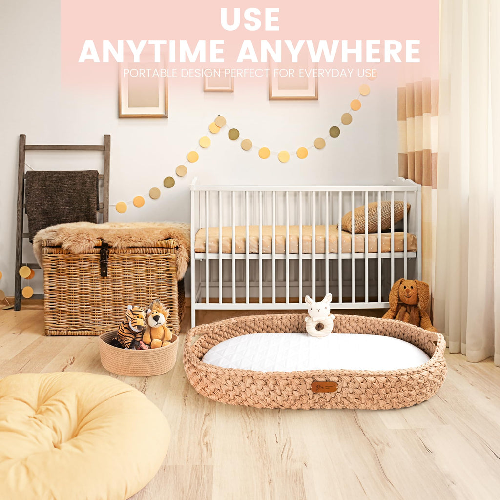 Handmade Baby Changing Basket Set with a Soft Changing Pad and Waterproof Cover, Diaper Organizer, Rattle Shaker, Moses