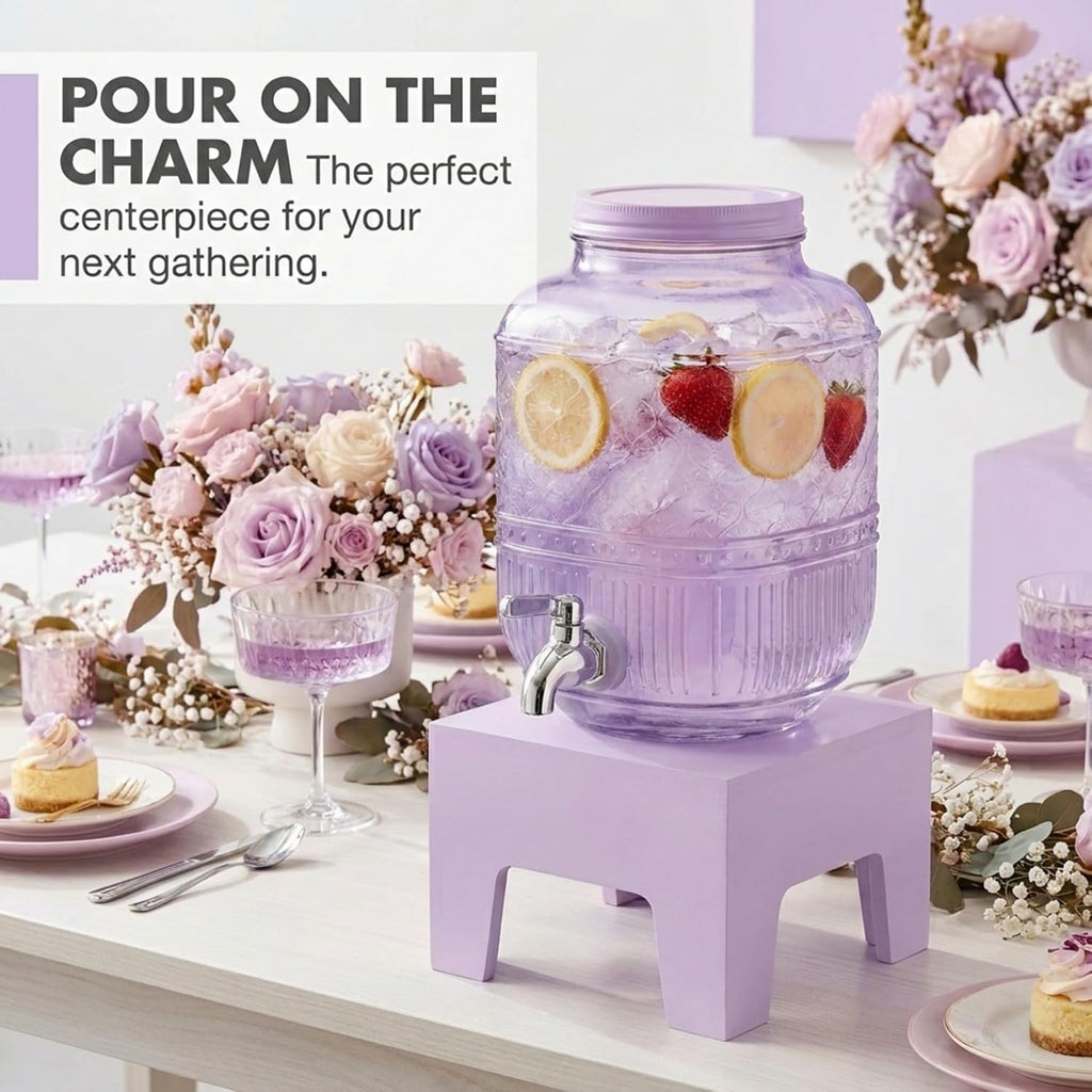 Beverage Dispenser 1 Gallon, Glass Drink Dispenser with Wooden Base Stand, Wide Mouth Jar for Lemonade, Iced Tea