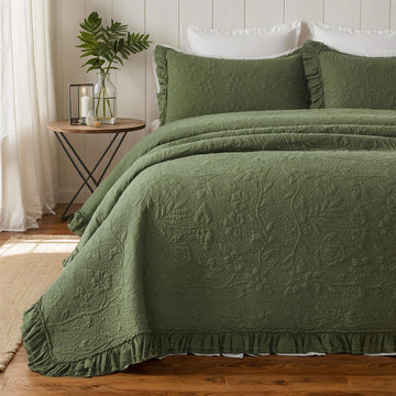Olive Green Quilt Set Cotton Ruffled Floral Coverlet 3PC