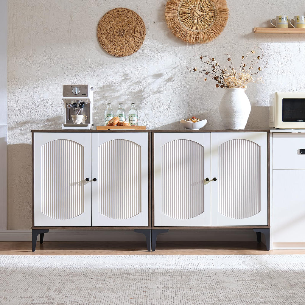 30.9" W Fluted Arched Buffet Cabinet with Storage, Walnut/White