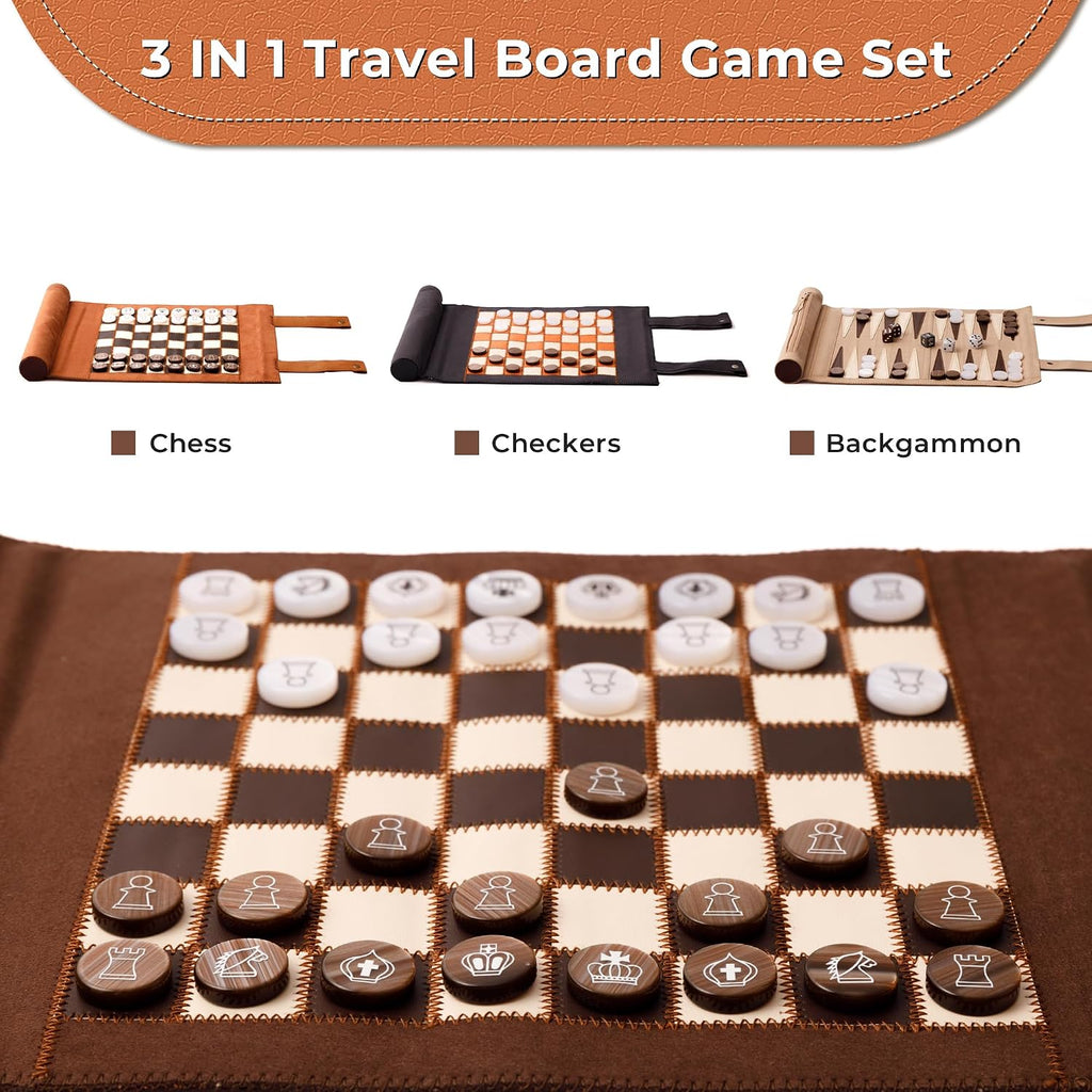 3 in 1 Travel Chess Checkers Backgammon Set, Roll-up Leather Backgammon Game Set with 32 Pearl Textured Pieces and 5