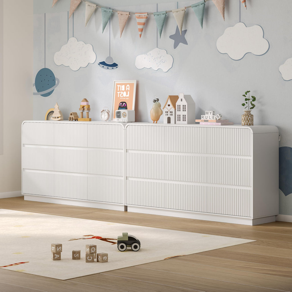 Dresser with 9 Drawers, Fluted Chest of Drawers with Round Curved Corner, Hidden Handles, Modern Wood Storage
