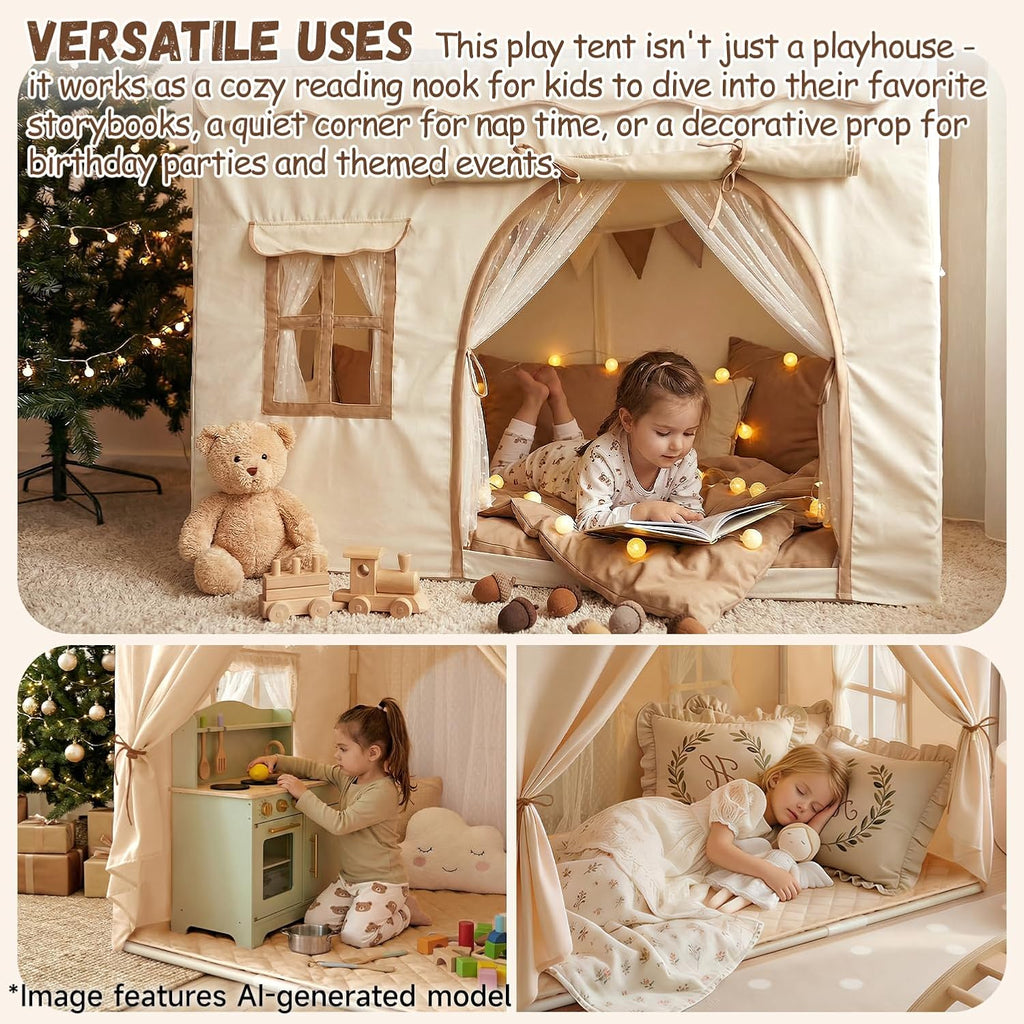 Kids Play Tent with Double Door Children's Playhouse Castle Tents - Beige