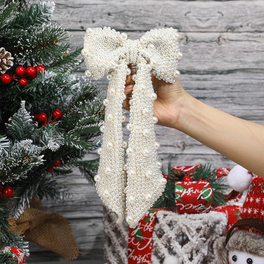 Pearl Bow Christmas Tree Topper Elegant White Xmas Decoration