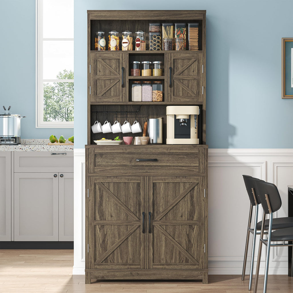 70 Inch Farmhouse Storage Cabinet with Doors and Drawers, Freestanding Kitchen Pantry Cabinet, Floor Storage Cabinet