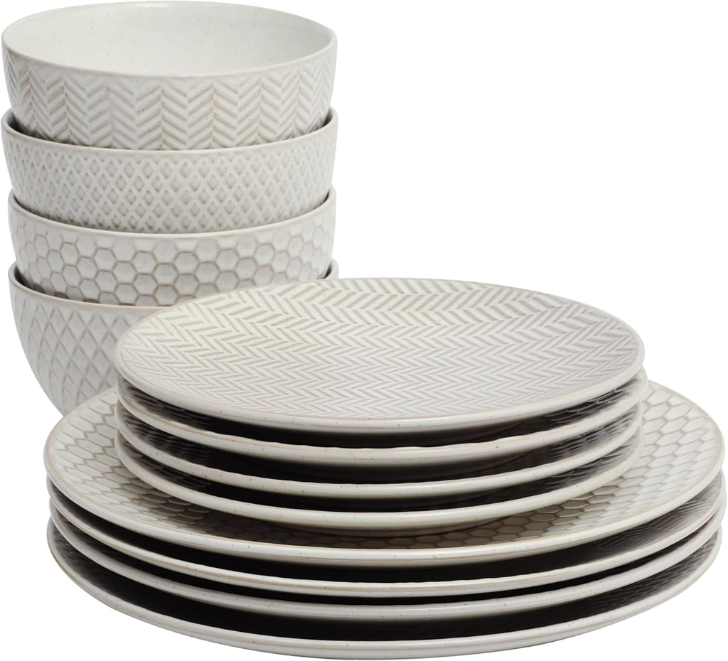 Oyster Tide Embossed 12 Piece (Service for 4) Plates and Bowls Reactive Glaze Round Dishes Stoneware Ceramic