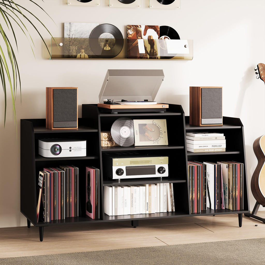 55" Record Player Stand with Charging Station, 4-Tier Vinyl Record Storage Cabinet with Divided Shelves, Adjustable