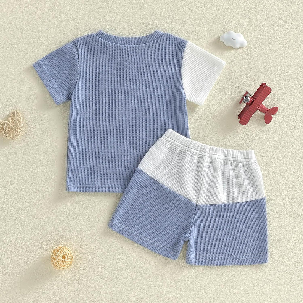 Toddler Baby Boy Summer Clothes Waffle Contrast Short Sleeve T-shirt Tops with Elastic Waist Shorts Sets Outfits