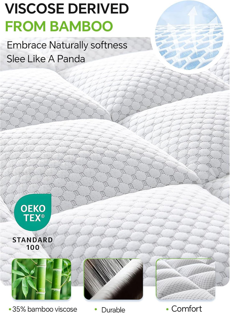 Queen Mattress Topper Viscose Derived from Bamboo, Ultra Soft Pillow Top Mattress Pad Bed Cover with Elastic Deep
