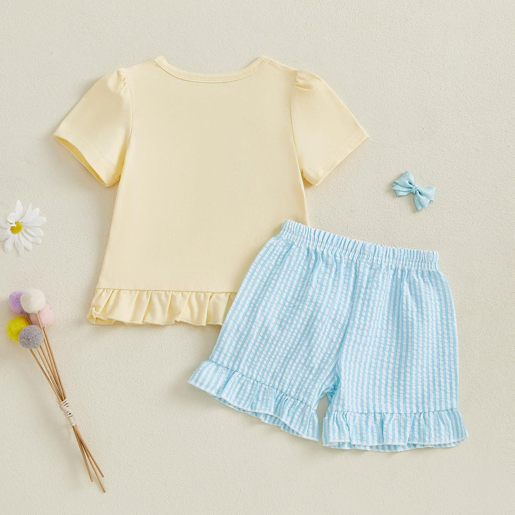 Baby Girl Clothes Bubble Sleeve Embroidery T-shirt Tops Ruffle Stripe Shorts 2Pcs Toddler Girl Summer Outfit