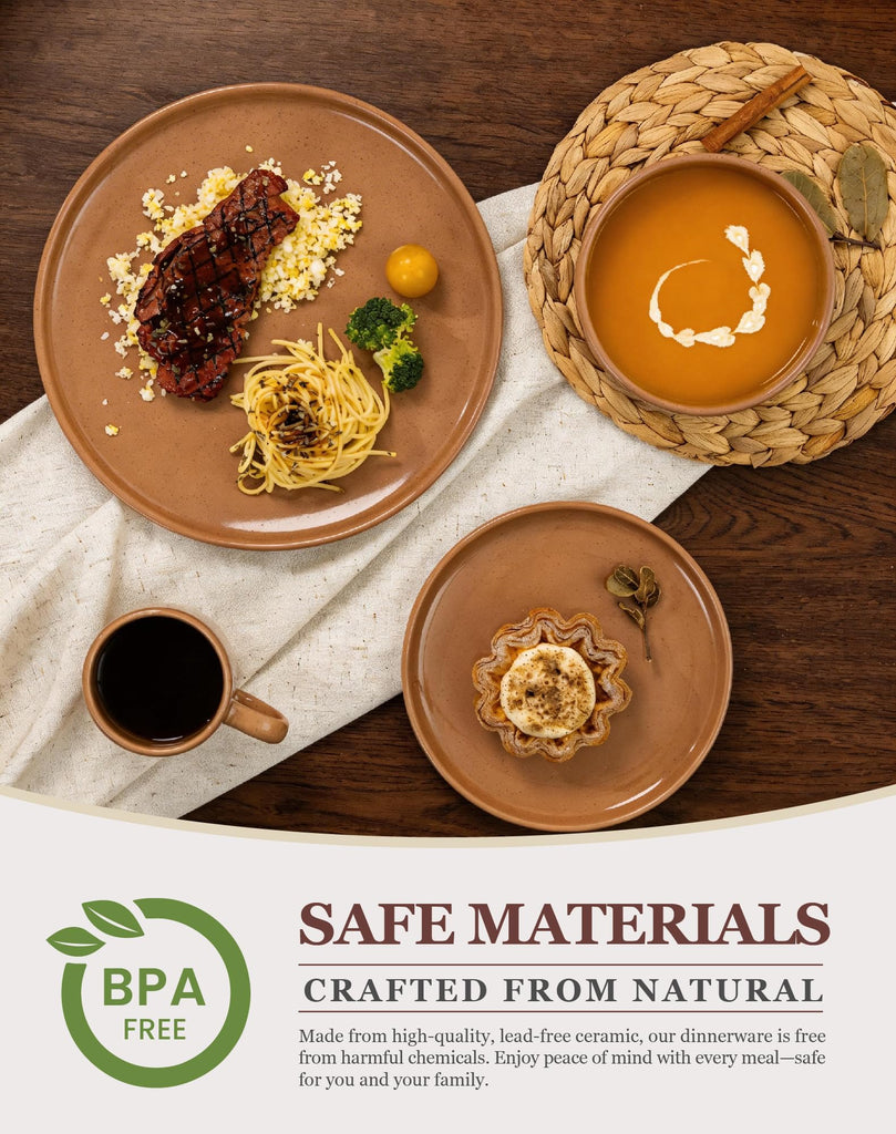 24-Piece Brown Stoneware Dinnerware Set for 6 with Mugs, Plates and Bowls Sets with Partially Unglazed Base, Scratch
