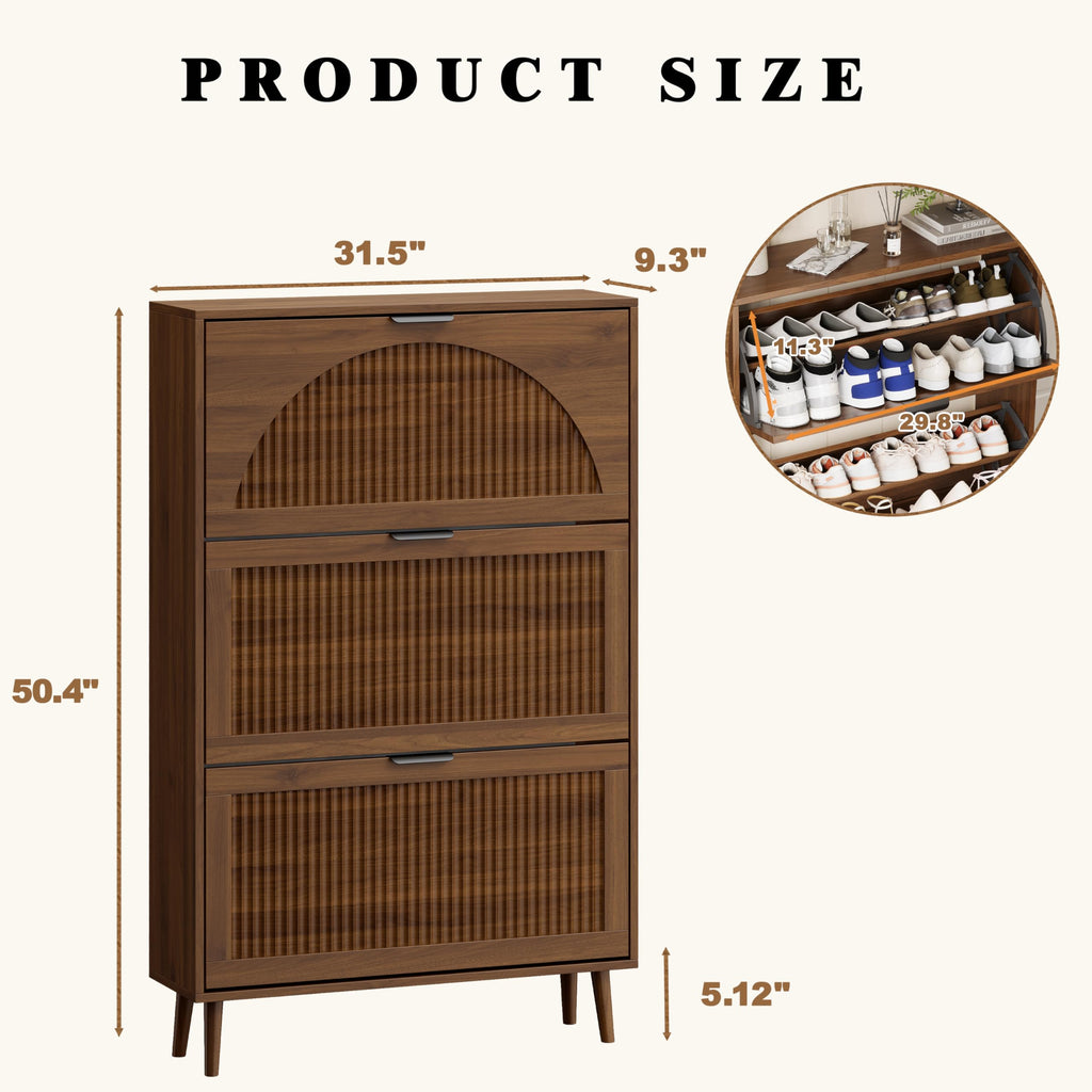 Fluted Shoe Cabinet with 3 Flip Drawers, Narrow Wood Shoe Storage Cabinet Slim Shoe Rack, Freestanding Shoe Cabinet