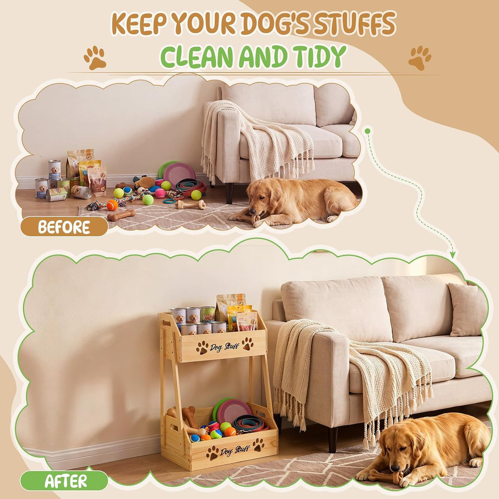 2 Tier Large Dog Toy Storage Bin Wood Toy Basket Box with Handle