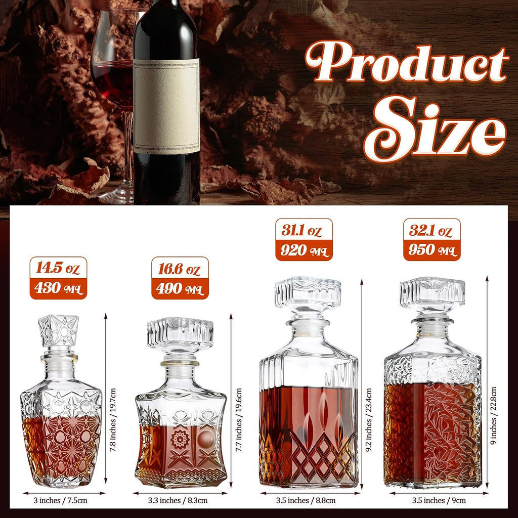 Whiskey Decanter for Men Liquor Decanters Glass Alcohol Bottle with Glass Stopper for Vodka Tequila Brandy - Set of 4