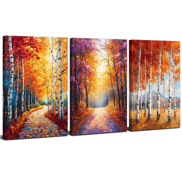 Fall Canvas Wall Art Autumn Forest Wall Decor Nature Orange Birch Trees Landscape Pictures Oil Paintings Reproduction
