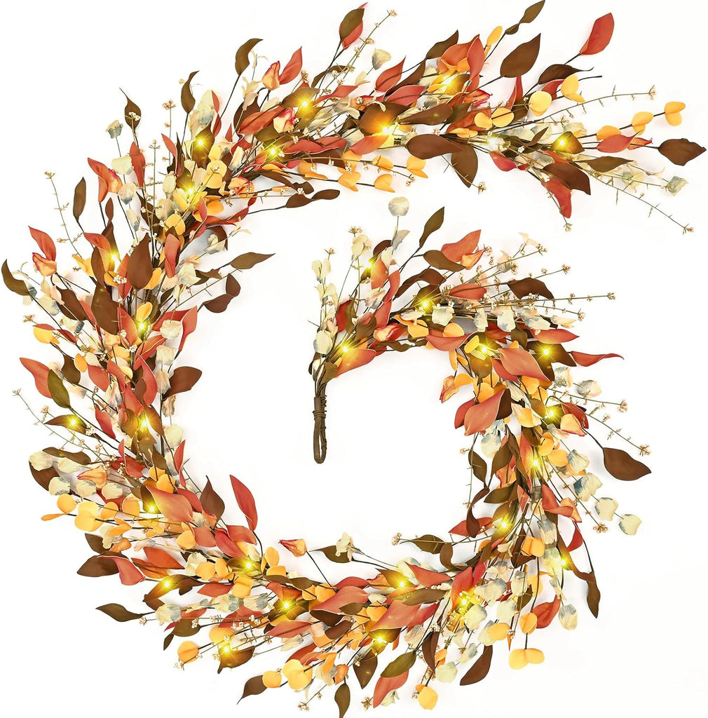 Fall Decor, Fall Garland with Lights, 6FT Autumn Eucalyptus Leaves Lighted Garland Thanksgiving Harvest Festival - Set of 6