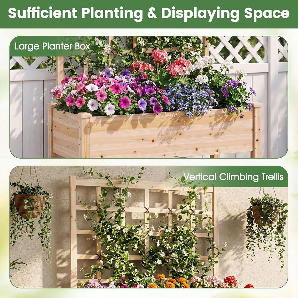 65'' Wooden Raised Garden Bed w/Trellis on Wheels, Mobile Elevated Planter Box w/Legs, Liner & Drainage Holes for