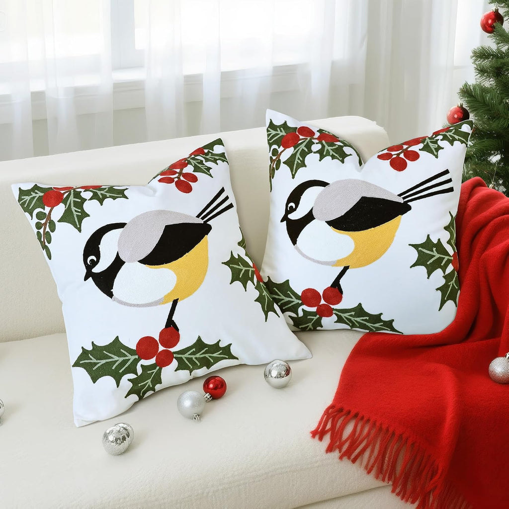 Christmas Pillow Covers 18x18 Inch, Cute Bird Decorative Throw Pillow Cover, Embroidered Square Pillowcases Winter